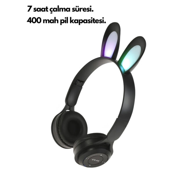 Tavşan Kulaklı Bluetooth Kablosuz Kulaklık Rengarenk Işıklı Çocuk Kulaklığı - Görsel 4